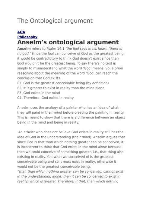 The Ontological Argument The Ontological Argument Aqa Philosophy