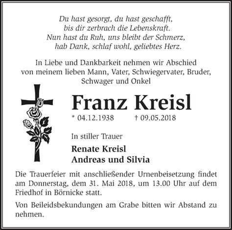 Traueranzeigen von Franz Kreisl Märkische Onlinezeitung Trauerportal