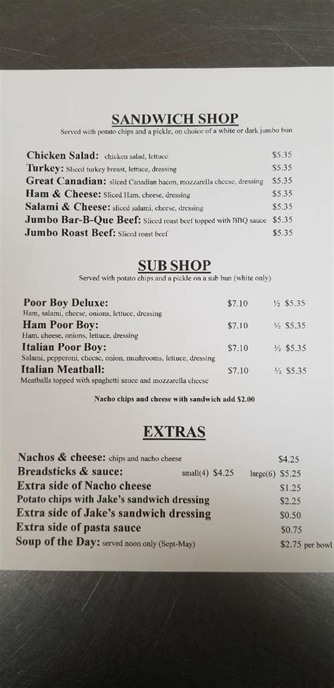 Menu at Jake's Pizza pizzeria, Roseau