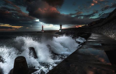 Wallpaper Sea Wave The Sky Squirt Clouds Shore Lighthouse The