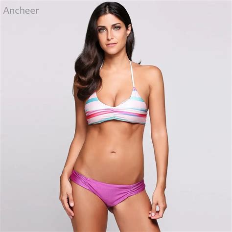 New Style Mini Bikini Strap Spaghetti Striped Top And Solid Brief