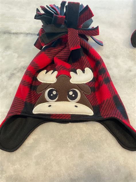 Fleece Hats With Ear Flaps Red and Black Plaid Fleece Moose - Etsy