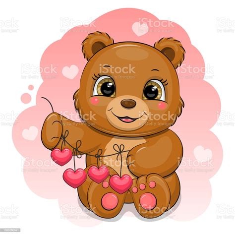 Cute Cartoon Brown Bear Holding Hearts On A Rope Stock Illustration