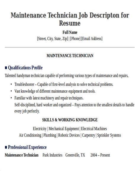 Free Sample Maintenance Technician Resume Templates In Ms Word Pdf