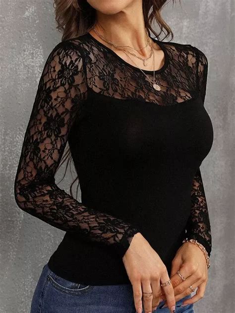 Contrast Lace Slim Fit Top Lace Top Long Sleeve Black Lace Top Long