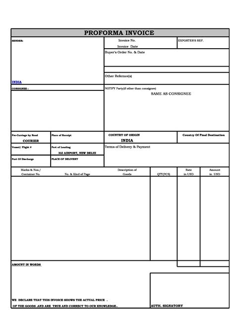 Sample Proforma Invoice Template