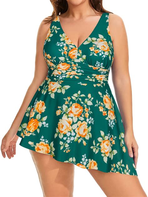 Womens Plus Size One Piece Swimsuit Asymmetrical Hem Swim Dress Cover