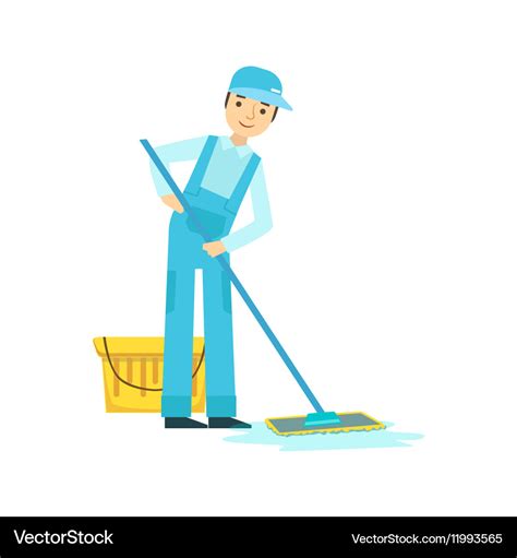 Man With Bucket Nd Mop Washing The Floor Cleaning Vector Image