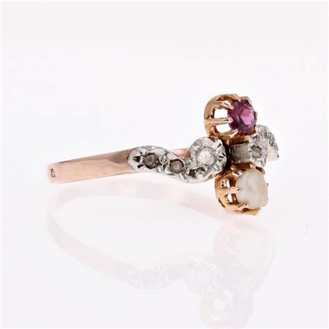 French Th Century Garnet Fine Pearl Diamonds K Rose Gold Ring