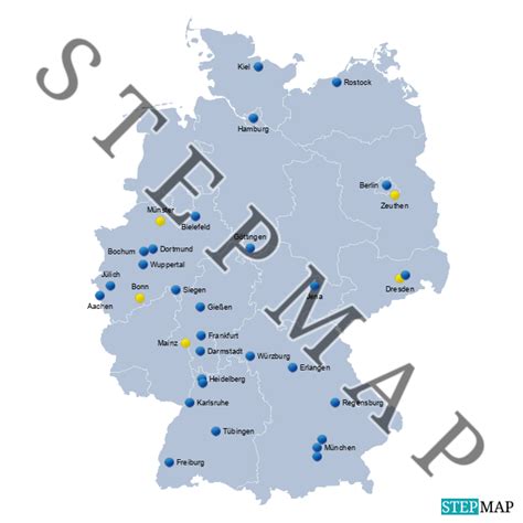 StepMap Standorte Netzwerk Teilchenwelt Blau Gelb 2023 Landkarte