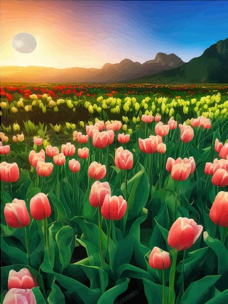 Premium Ai Image Spring Sunset Field Colorful Tulips On Background