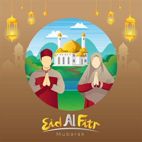 Eid Al Fitr Vector Tarjeta De Saludos Con Musulm N Hombre Y Mujer