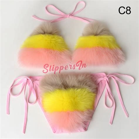 Cute Fur Bathing Suits Colorful Fluffy Fur Bikini Swimsuit