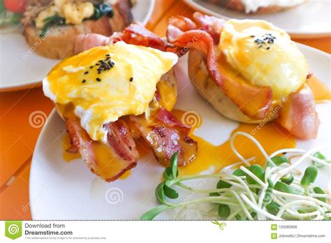 Egg Benedict Or Bread With Bacon And Poached Egg Stock Photo Image Of