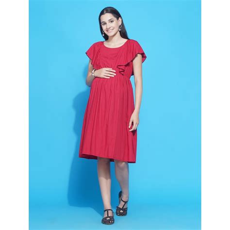 Mine4nine Womens Red Solid Ruffled Midi Maternity And Nursing Dress Buy