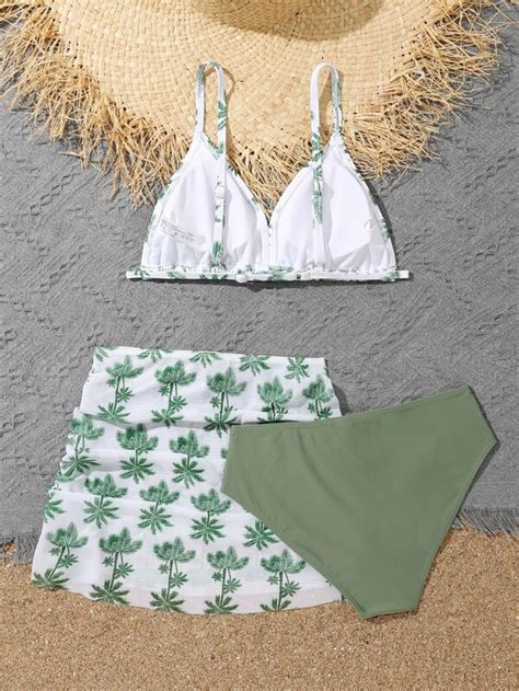 SHEIN Teen Girls Palm Tree Print Bikini Swimsuit With Beach Skirt