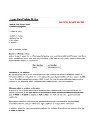 Fillable Online Urgent Field Safety Notice MEDICAL DEVICE RECALL