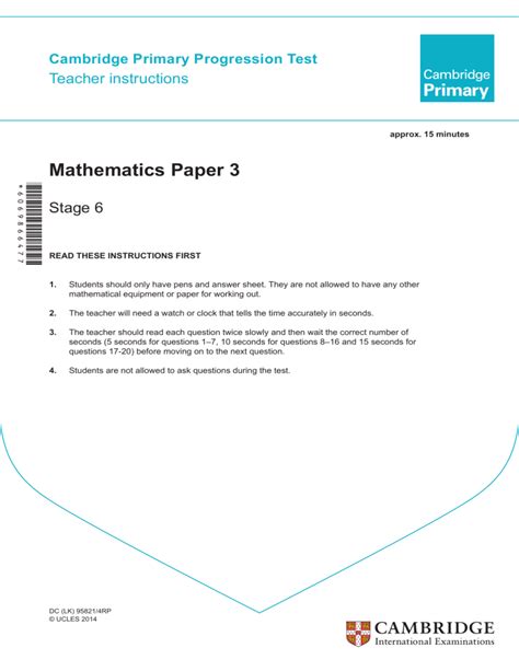 Cambridge Primary Progression Test Stage 6 Mathematics 2014 Paper 3