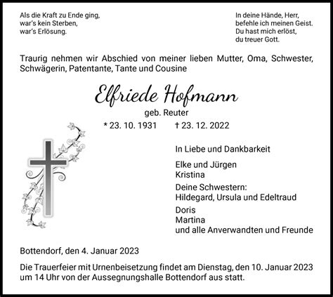 Traueranzeigen Von Elfriede Hofmann Trauer Hna De