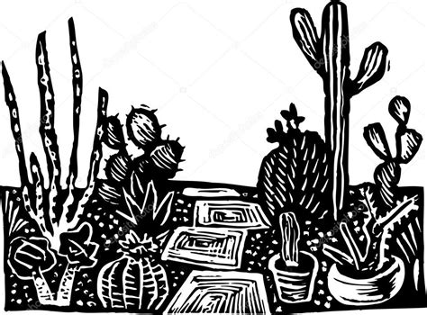 Ilustra O Em Xilogravura De Jardim De Cactos Ilustraci N De Cactus