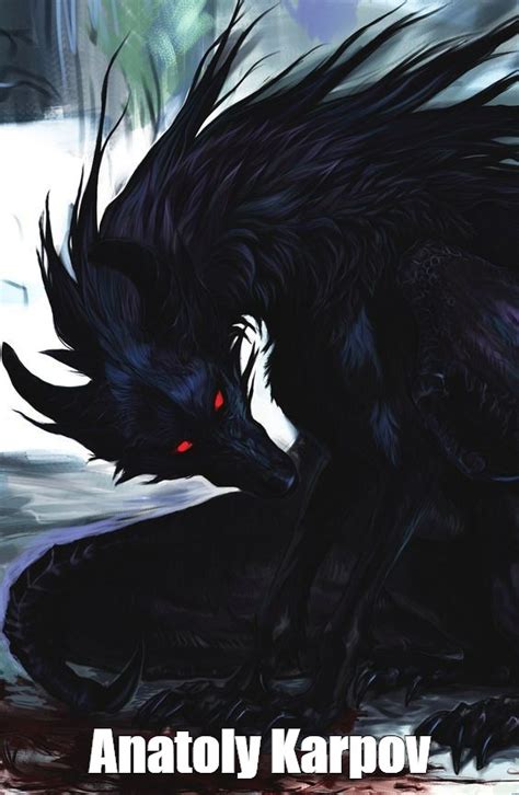 Создать мем "чёрный волк с красными глазами, фамильяр инугами, темные ...