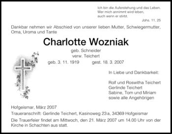 Traueranzeigen Von Charlotte Wozniak Trauer HNA De