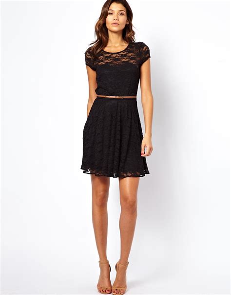 Lyst Asos Lace Skater Dress With Short Sleeves And Belt In Black