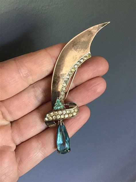 Vintage 1940s Sterling Vermeil Blue And Clear Rhinestone Scimitar Sword