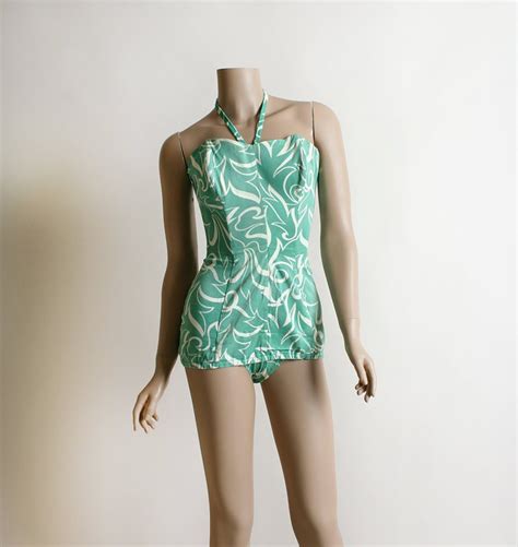 Vintage 1940s Bathing Suit 1950s Pin Up Mint Jade Green And Etsy