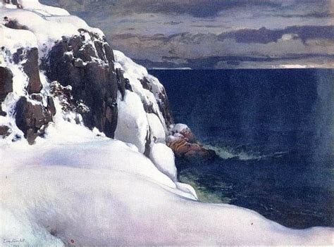 A Painting Of Snow Covered Rocks Near The Ocean