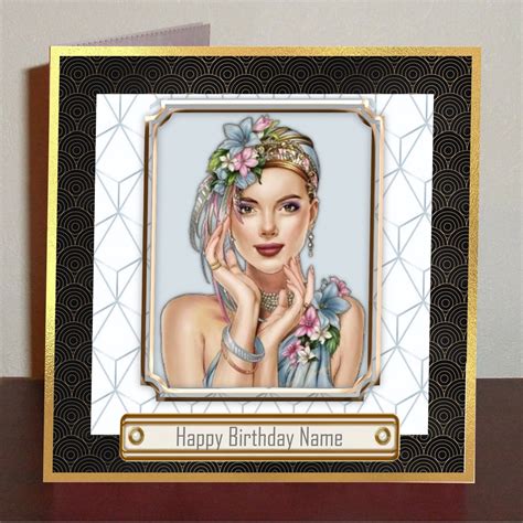 Art Deco Glamourous Lady Birthday Card In Blue Etsy Uk