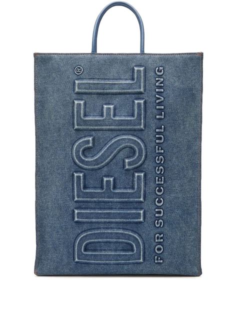 Diesel Logo Embossed Denim Tote Bag In Blue Modesens