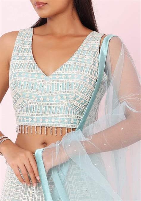 Buy Women Seafoam Abstract Sequin Thread Embroidered Lehenga Set With