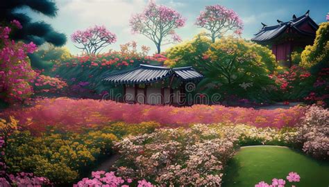 Japanese house with garden stock illustration. Illustration of ancient ...