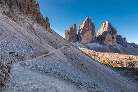 Breathtaking View To Path and Tre Cime Peaks at Sunrise Stock Photo ...