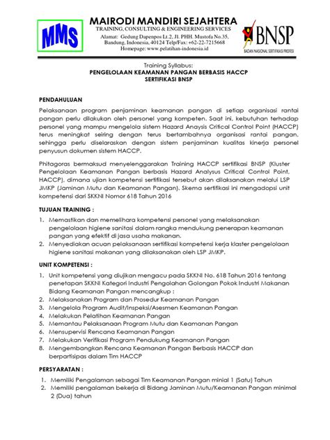 Pengelolaan Keamanan Pangan Berbasis Haccp Sertifikasi Bnsp 1 Pdf