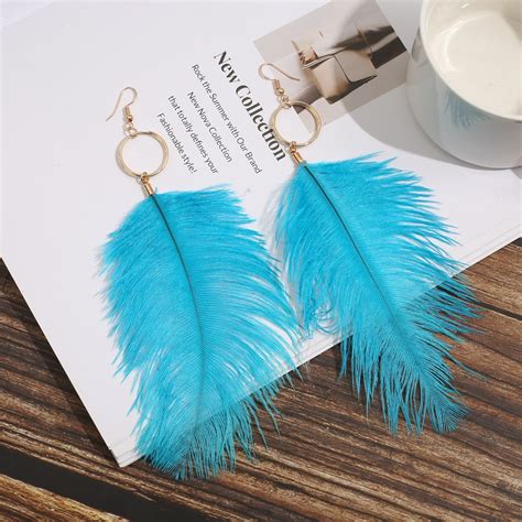 Bohemian Genuine Ostrich Feather Earrings Long Crystal Tassel Dangle