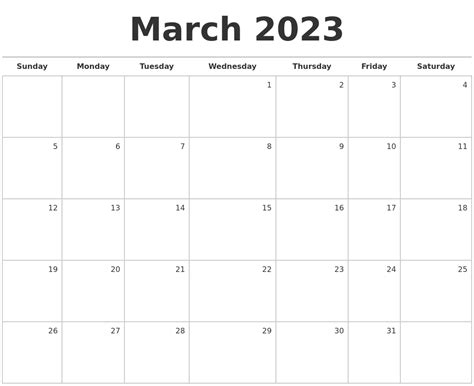 March 2023 Blank Monthly Calendar