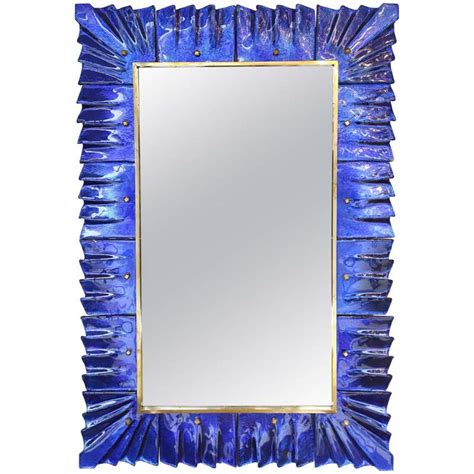 Bespoke Italian Custom Brass And Textured Cobalt Blue Murano Glass Round Mirror For Sale At 1stdibs