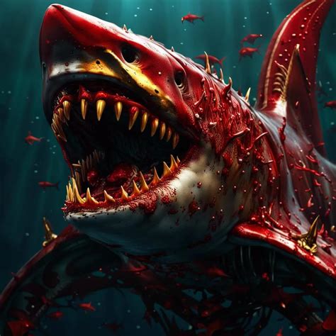 Prompt: detailed bionic shark ,covered in red blood ,golden fins ,sharp ...