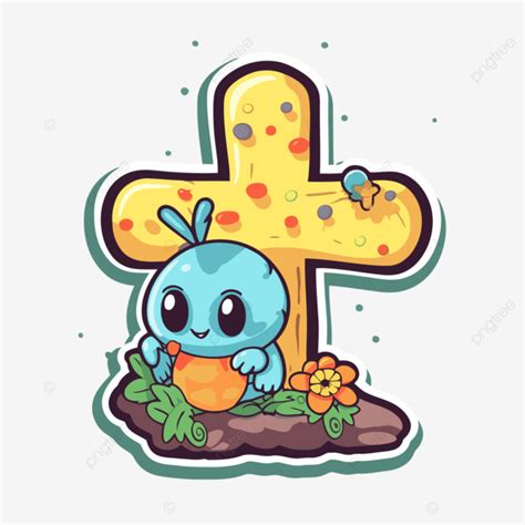 Katak Kartun Lucu Di Rumput Dengan Clipart Salib Vektor Desain Stiker Dengan Salib Paskah Bebas