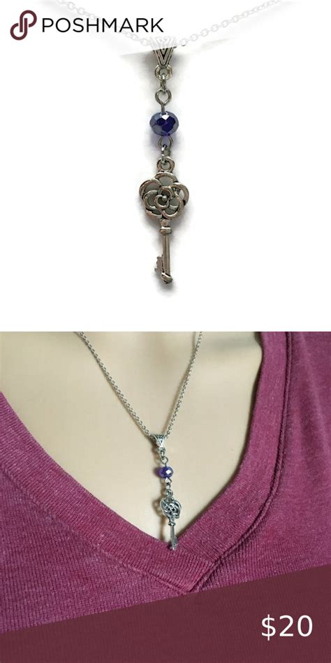 Skeleton Key Necklace Silver Stainless Steel Blue Bead Unisex