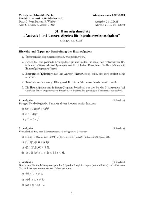 01 Hausaufgabenblatt Technische Universit At Berlin Wintersemester