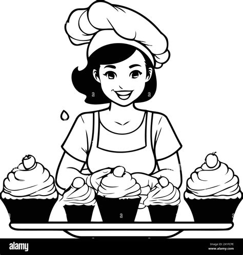 Chef Woman With Cupcakes Vector Illustration In Cartoon Style Stock