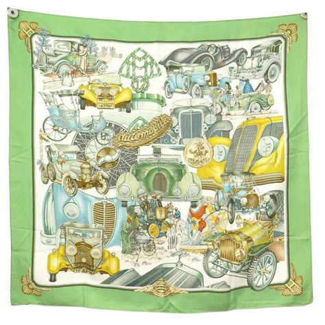 Herm S Hermes Automobile Scarf Joachim Metz Carre Silk Green Silk