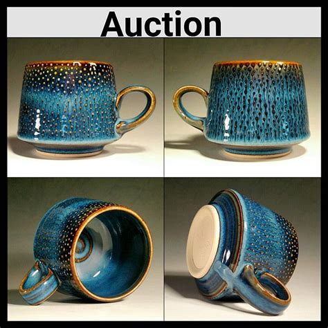 Three Pictures Of Blue And Gold Coffee Mugs One With The Word Auction