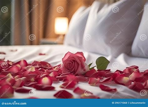 Romantic Rose Petals Adorning A Cozy Bed Stock Illustration