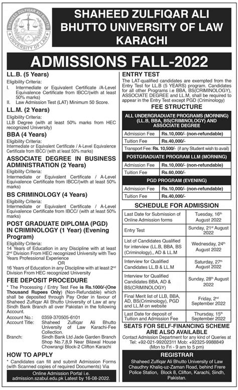 Shaheed Zulfiqar Ali Bhutto University Of Law Fall Admissions