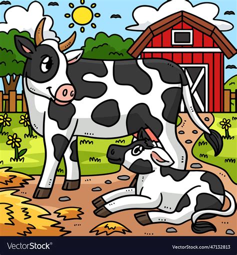 Mother cow and calf colored cartoon Royalty Free Vector