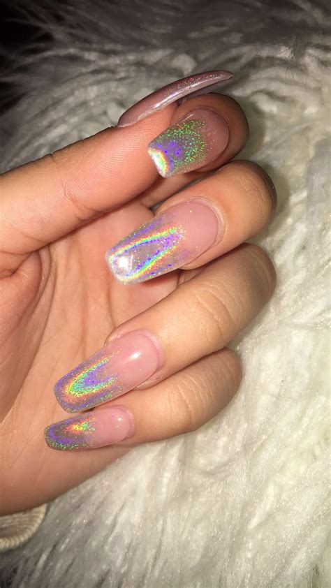 Long Coffin Shape Holographic Ombré Holographic Nails Beautiful Nails Shiny Nails Designs